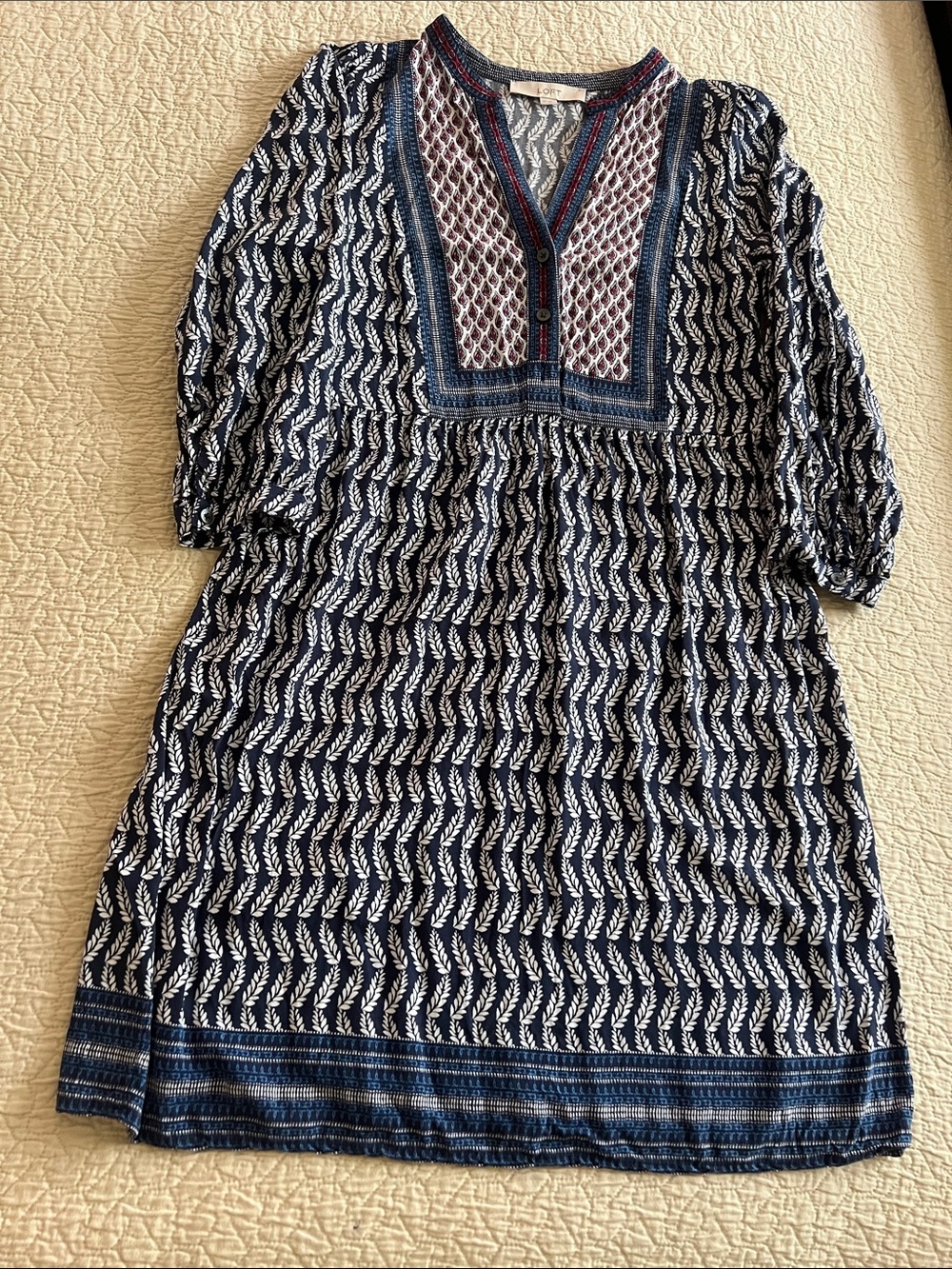 LOFT XS Navy and White Printed Midi Dress with Yoke Detail